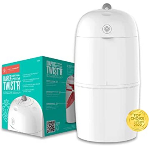Prince Lionheart Diaper Twist'R - Outsmarts Odors With Patented Twist Technology, Trash Can for Bathroom, Diaper Pail With 2 Refill Bags & 2 Charcoal Sachets