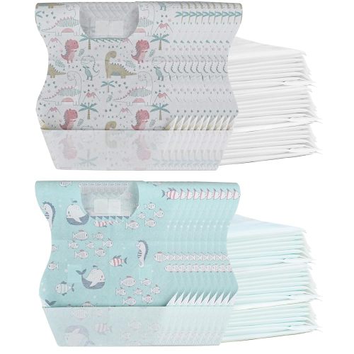 Baby Disposable Bibs 100 pcs -Self feeding Food Crumb Catcher, Leakproof Liner Large Travel Bib for Babies Toddlers 6-18 Months(Dinosaur+Fish)