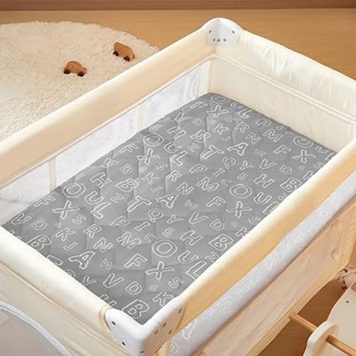 TILLYOU Pack and Play Sheet - Soft Quilted Crib Cover Pad, Toddlers Mattress Protector with 1''-3'' Deep Pocket, Thick Play Yard Playpen Sheets, Crib Mattress Pad, 39"x27", Hand Painted Letters