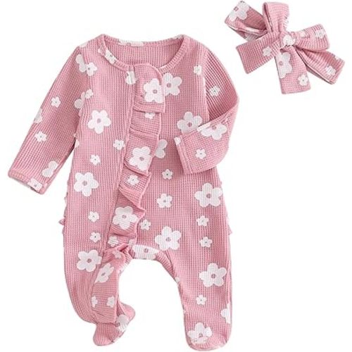 YINGISFITM Newborn Coming Home Outfit Girl Boy Zip Up Ruffle Butts Footie Romper Jumpsuit Waffle Knit Onesie Hospital Clothes