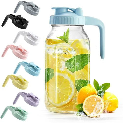 Mason Jar with Pour Spout Lid V-shaped, 2 Quart Iced Tea Pitcher Double Leak Proof, 64 oz Drink Pitcher for Breastmilk, Sun Tea, Juice, Coffee Creamer, Formula Pitcher