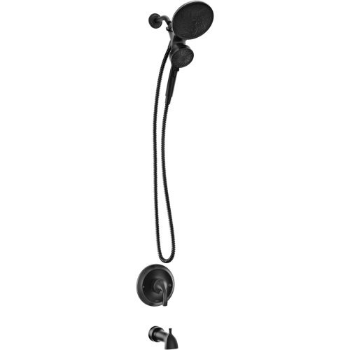 Moen Engage Magnetix Matte Black Multi-Function Handshower and Rainfall Shower Head Trim Combo with Shower Handle, Tub Spout, Metal Hose and Valve, 82304BL