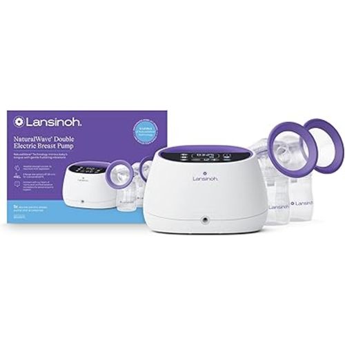 Lansinoh NaturalWave Double Electric Breast Pump White/Purple | Hospital-Grade Suction with 12 Levels, 5 Flange Sizes & Baby-Mimicking Motion | Breastfeeding Essentials for Pumping Moms