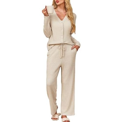 Kikibell Womens Pajamas Sets Button Down Lounge Set 2 Piece Sleepwear Loungewear Long Sleeve Pjs with Pocket Fall Outfits
