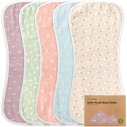 5-Pack Muslin Burp Cloths for Baby Boys and Girls - Organic Baby Burp Cloth, Viscose Derived from Bamboo Cotton Baby Washcloths, Burp Rags, Large Neutral Burp Clothes for Newborn (Blooms)