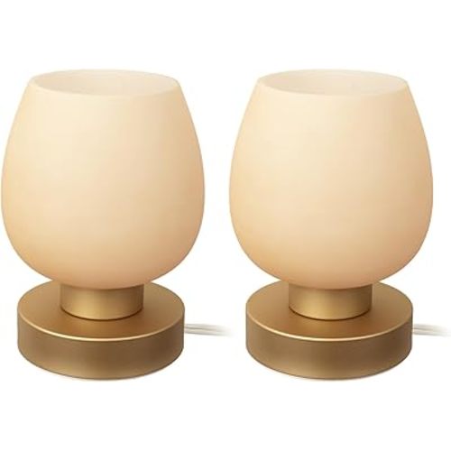 Touch Bedside Table Lamp Set of 2 - Small Modern Table Lamp for Bedroom Living Room Nightstand, 3-Way Dimable Desk lamp with Desert Titanium Color Glass Lamp Shade, 2700K LED Bulb, Simple Design