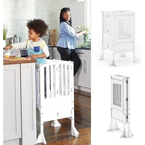 Guidecraft Kitchen Helper® Toddler Tower Step Stool - Contemporary - White: Folding Adjustable Height Montessori Wooden Learning Furniture with Keepers
