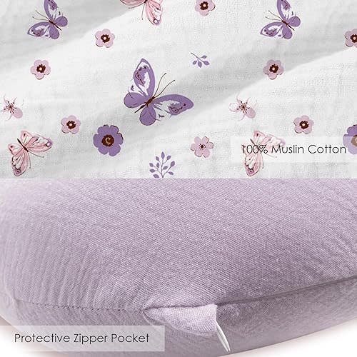 Little Grape Land Nursing Pillow Covers 2 Pack for Baby, Soft 100% Cotton Covers for Breastfeeding Pillows, Breathable Muslin Purple Butterfly Nursing Pillow Cases, Cover Only
