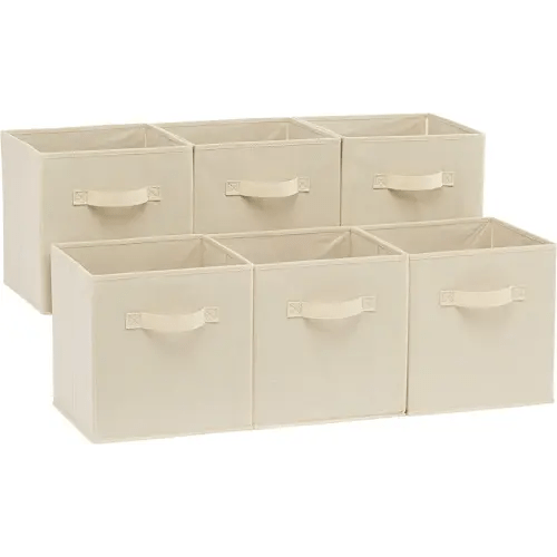 Amazon Basics Cube Organizer Storage Bins Handles, Collapsible Fabric, Pack of 6, 10.5"x10.5"x11", Beige