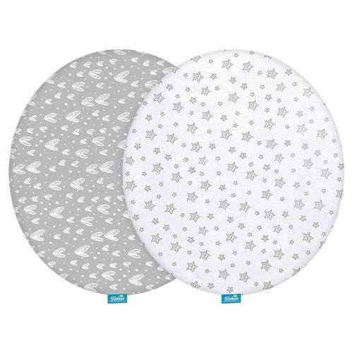 Bassinet Sheets Compatible with Fisher-Price On-The-Go Baby Dome, 2 Pack, 100% Jersey Knit Cotton Fitted Sheets, Breathable and Heavenly Soft, Grey Hearts and White Stars Print for Baby