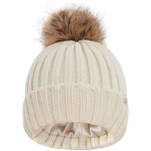 Hat Hut Toddler Beanie Satin Lined Beanie for Baby Winter Hats for Kids Pom Pom Beanie for Boys Girls
