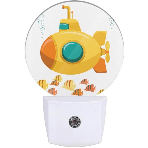 Yellow Submarine Night Light Yellow Ship Underwater Undersea Fishes Night Lights Plug into Wall with Dusk-to-Dawn Sensor, Ocean Sea Beach Themed Boys' Room Decor
