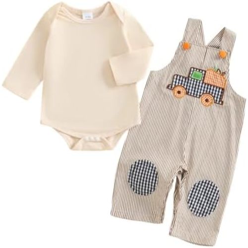 GOOCHEER Newborn Baby Boy Halloween Outfit Solid Plain Long Sleeve Romper+ Embroidery Suspender Overall Jumpsuit Pants Set