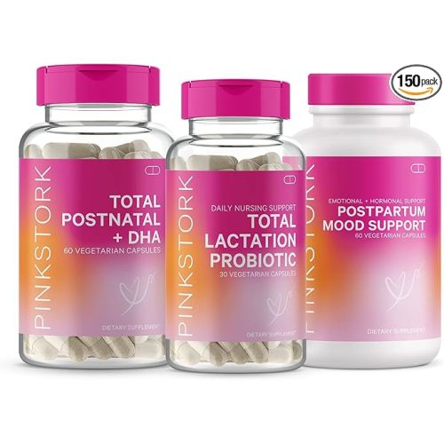 Pink Stork New Mom Necessities Bundle: Postnatal Vitamin with DHA and Folic Acid, Lactation Probiotic for Breast Milk Supply + Immune Support, Postpartum Mood + Hormone Support, Postpartum Essentials