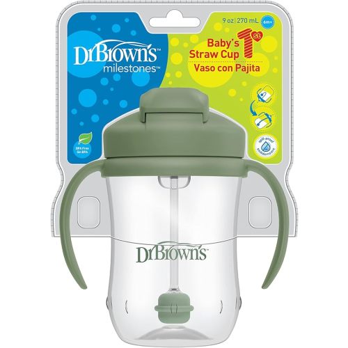 Dr. Brown's Milestones Baby's First Straw Cup Sippy Cup with Straw 6m+, 9oz/270ml, Olive Green