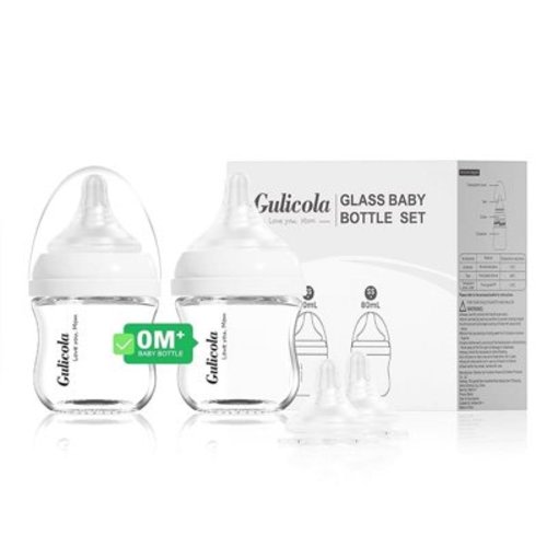 Natural Glass Baby Bottles Set 2 Pack, Newborn Boy Breastfeeding Bottles with Slow Flow Nipples, 0 Months+, 3 oz/5oz/8oz
