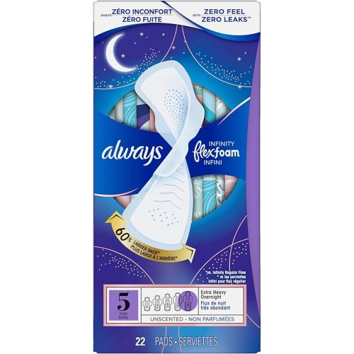 Always Infinity with FlexFoam Pads, Size 5, Extra Heavy Overnight Absorbency, with Wings, Unscented, Up to Zero leaks, Zero feel protection, 22 Count