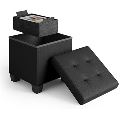 STORAGEBUD Storage Ottoman Cube with Small Bin, 16-in Square Ottoman with Storage for Living Room and Bedroom, Small Ottomans Foot Rest, Faux Leather Foot Stools Ottomans Max 330lbs, Black
