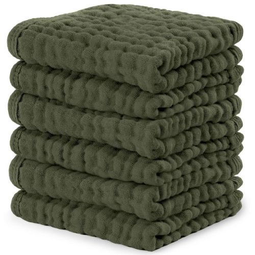 Comfy Cubs Muslin Baby Washcloths 6 Pack - Soft Large 10"x10" 6-Layer Absorbent Cotton - Kelp