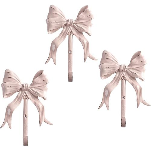 Large Pink Bow Wall Hooks Set of 3, Shabby Chic Wall Mounted Vintage Bow Coat Hooks, Decorative Wall Hooks for Bag, Towel and Hat