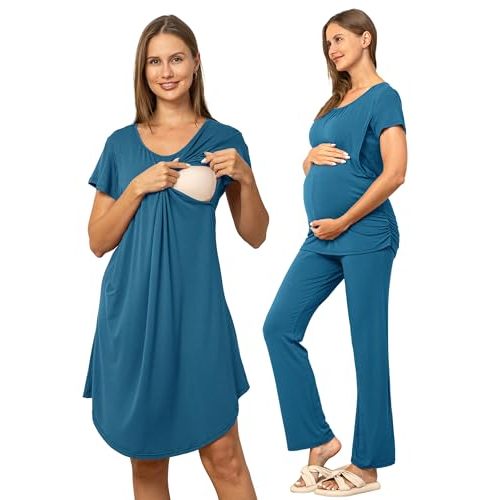 SUNNYBUY Women 3 PCS Maternity Nursing Nightgown Dress & Short Sleeve Breastfeeding Top & Pregnancy Pants Sleepwear Set