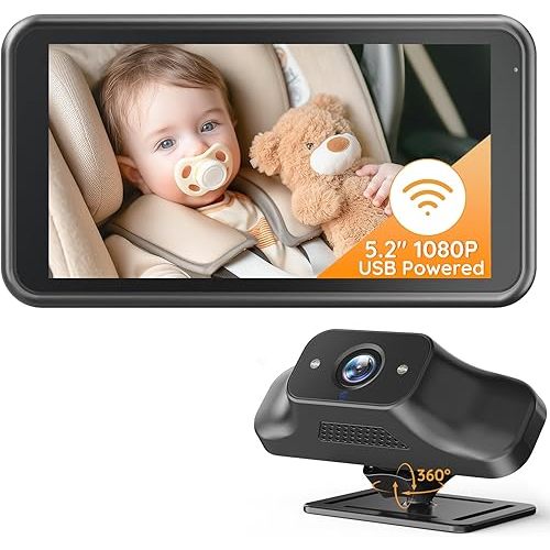 Babyvue BV5 Wireless Baby Car Camera 5.2" 1080P, Dual USB Powered, IR Night Vision, 49ft Wireless Range Car Baby Monitor, Flexible Installation for SUV RV Truck Camper, Baby and Pet Safety