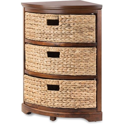 Hampton Meadows 3 Tier X-Side Corner Table Storage Cabinet with 3 Wicker Baskets, Walnut