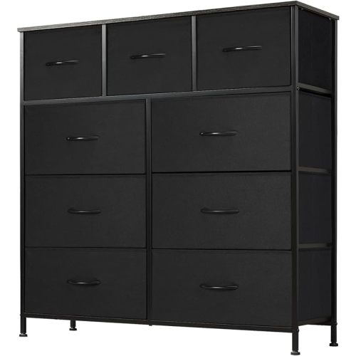 DUMOS Dresser for Bedroom, Storage Organizer with 9 Drawers, Chest of Drawers with Fabric Bins, Sturdy Metal Frame, Wood Tabletop for Guest Room, Closet, Entryway, Nursery