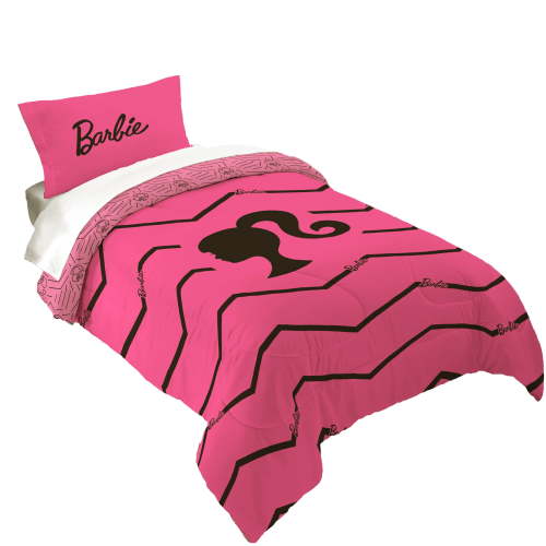 Barbie Kids 2 Piece Pink Black Chevron Reversible Comforter and Pillowcase set, Twin/full