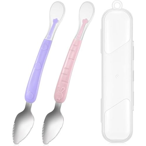 Lallisa 2 Pcs Double Head Baby Silicone Food Spoon Baby Fruit Scraping Mud Spoon Soft Feeding Food Scraper for Infants Fruit Feeding (Purple and Pink)