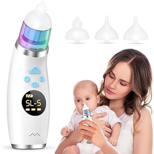 Nasal Aspirator for Baby, Electric Baby Nose Sucker with 5 Levels Suction, Automatic Nose Cleaner with 3 Silicone Tips, Nose Aspirator with Music Soothing Function & Light, Blue
