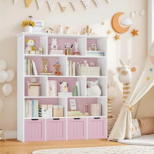 FINETONES 5 Tier Toy Storage Organizer, 57.5" Tall Kids Bookshelf with 4 Movable Drawers and 10 Storage Cubbies, Toy Organizers and Storage Organizer Playroom Storage for Kids Room, Pink