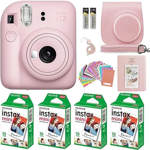 Fujifilm Instax Mini 12 Instant Camera Pastel Blue with Film Value Pack (40 Sheets) + Accessories Including Galaxy Carrying Case Strap, Photo Album, Stickers (Pink)