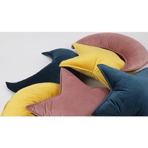 JIKAL Star Moon Shaped Pillow Soft Velvet Nursery Stuffed Throw Pillows for Baby Room Kids Reading Nook Decor Gift (Moon, Yellow)