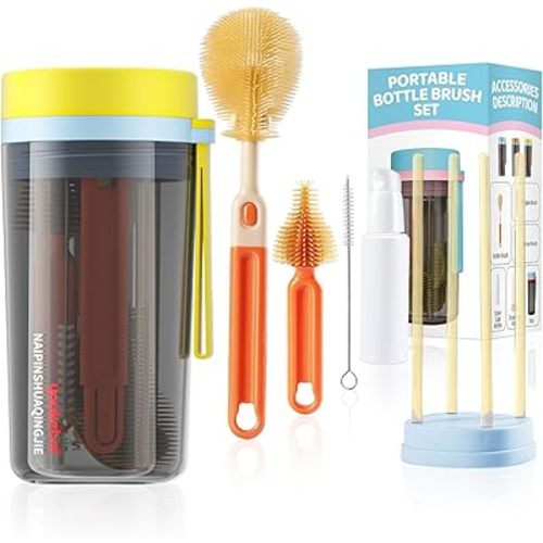 Travel Baby Bottle Brush Kit, Portable Bottle Cleaner Brush Set with New Silicone Bottle Washer Brush, Nipple & Straw Cleaner Brush, 50ML Soap Dispenser and Bottle Drying Rack, BPA-Free, Yellow