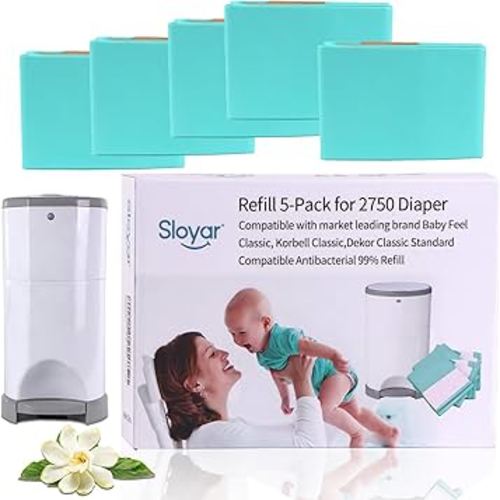 Refill Diaper Pail Bags Compatible with Dekor Classic Diaper Pails | 5 Pack | Diaper Pail Refills with 30% Extra Thickness | Baby Powder Fragrance | Holds up to 2750 Diapers.