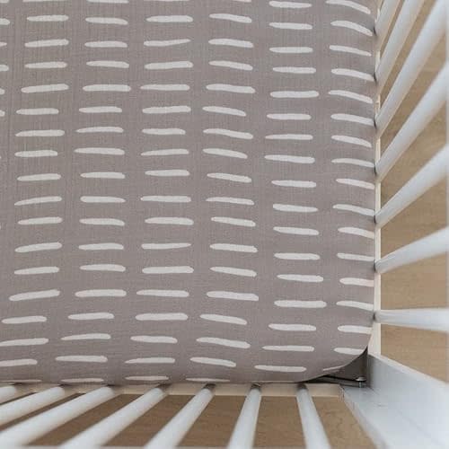Grey Dash Muslin Crib Sheet by Mebie Baby, Soft and Breathable Bed Sheets for Babies, Modern Neutral Bedding for Cribs, Standard Crib Mattress Fitted Sheet, Great for Boy or Girl Room or Nursery