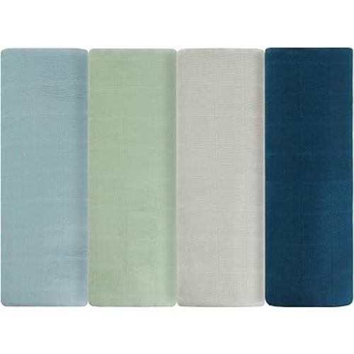 Featherhead™ 100% Cotton Muslin Swaddle Blankets for Baby Girl - Large 47”x 47” - Pre-Washed, Soft, & Breathable - Newborn Essential & Perfect Baby Registry Gift (4 Pack - Blue Solids)
