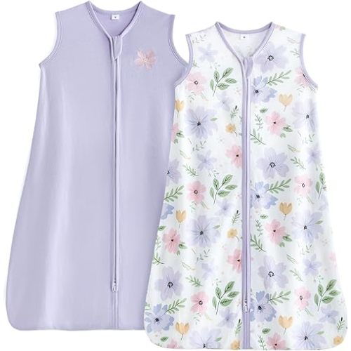 TILLYOU Sleep Sack 6-12 Months - 0.5 TOG Baby Wearable Blanket with 2-Way Zipper, Lightweight Cotton Summer Sleeping sack 2 Pack, Brilliant little flowers and purple