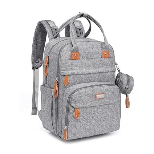 BabbleRoo Diaper Bag Backpack - Baby Essentials Travel Tote - Multi Function Water Resistant Diaper Bag, Travel Essentials Baby Bag with Changing Pad, Stroller Straps & Pacifier Case - Light Gray