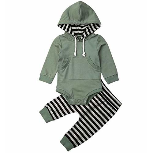 Unisex Baby Clothes Outfit Birthday Outwear Hood Tops Casual Stripes Pants Leggings Set (Green Bodysuit+Pants, 0-6 Months)