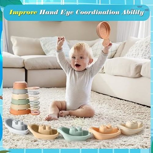 Bath Toys - Floating Boats with Bathing Spoon,Mold Free Baby Bath Toys for Kids Age 1-3,Pool Toys Toddler Age 1-3,Bath Tub Toys for Baby,Bath Toys for Babies 6-12 Months,Water Table Toys for Toddlers