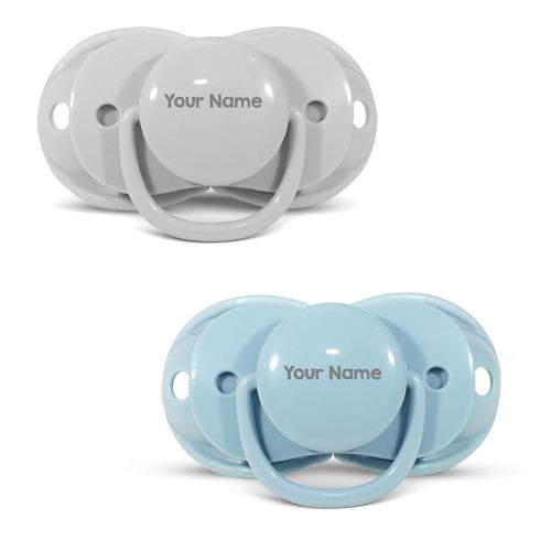RaZbaby Keep-It-Kleen Baby Pacifier 2-Pack Closes When Dropped - BPA-Free Silicone Orthodontic Nipple, Ideal for Travel, Nipple Stays Clean, 0-36 Months - Blue/Grey - Personalized
