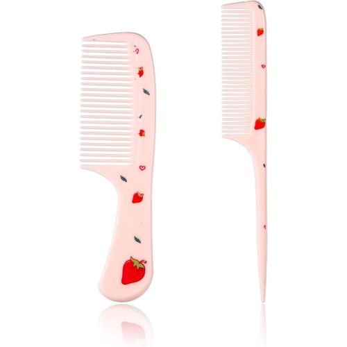 2pcs Cute Hair Comb Set, Pink Strawberry Baby Comb Fine Tooth Comb & Rat Tail Comb Toddler Tiny Hair Comb Small Girls Comb Plastic Mini Kids Comb Hair Parting Comb for Women Girls Kids All Hair Types