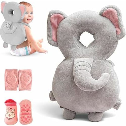 Baby Head Protector Backpack – Toddler Safety Cushion for Crawling & Walking – Infant Fall Protection Pillow with Adjustable Straps – Comes with Knee Pads & Non-Slip Baby Socks (Elephant)