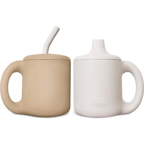 Silicone Sippy Cup and Training Cup for Baby 6 Months+ Soft Spout and Straw Lid with Handle Unbreakable Easy Grip for Babies 6-12 Months and Toddlers 1-3 Years 5oz/150ml (Oat and Tan)