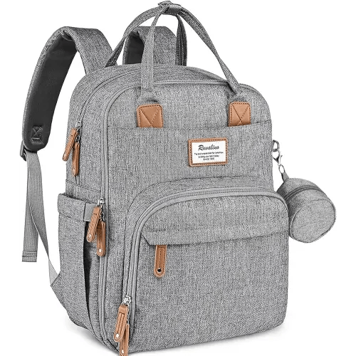 RUVALINO Diaper Bag Backpack-Multifunction Baby Travel Bag with Changing pad, Insulated Bottle Holders & Pacifier Case, Large Capacity, Waterproof, Gray XL