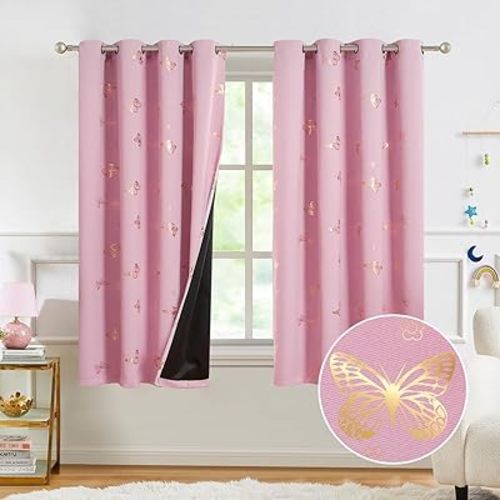 Jubilantex Butterfly Print Blackout Curtains Thermal Insulated Window Treatments for Bedroom Kids Bedroom Nursery Elegant Luxurious Room Darkening Draps Grommet Top,Pink 52" Wx63 Lx2