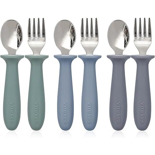 6 Pieces Toddler Utensils, Kids Safe Spoons and Forks, Children Silverware Set with Silicone Handle, 18/8 Stainless Steel, Food-grade Silicone,BPA Free - Dishwasher Safe