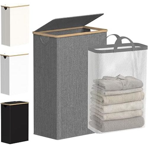 efluky Slim Laundry Basket with Lid, Narrow Laundry Hamper with Removable Bag, Skinny Dirty Clothes Basket with Bamboo Handles for Bathroom, Bedroom & Laundry Room, 75L Grey